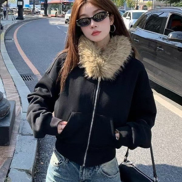 Women's Retro Hooded Fleece Zipper Jacket