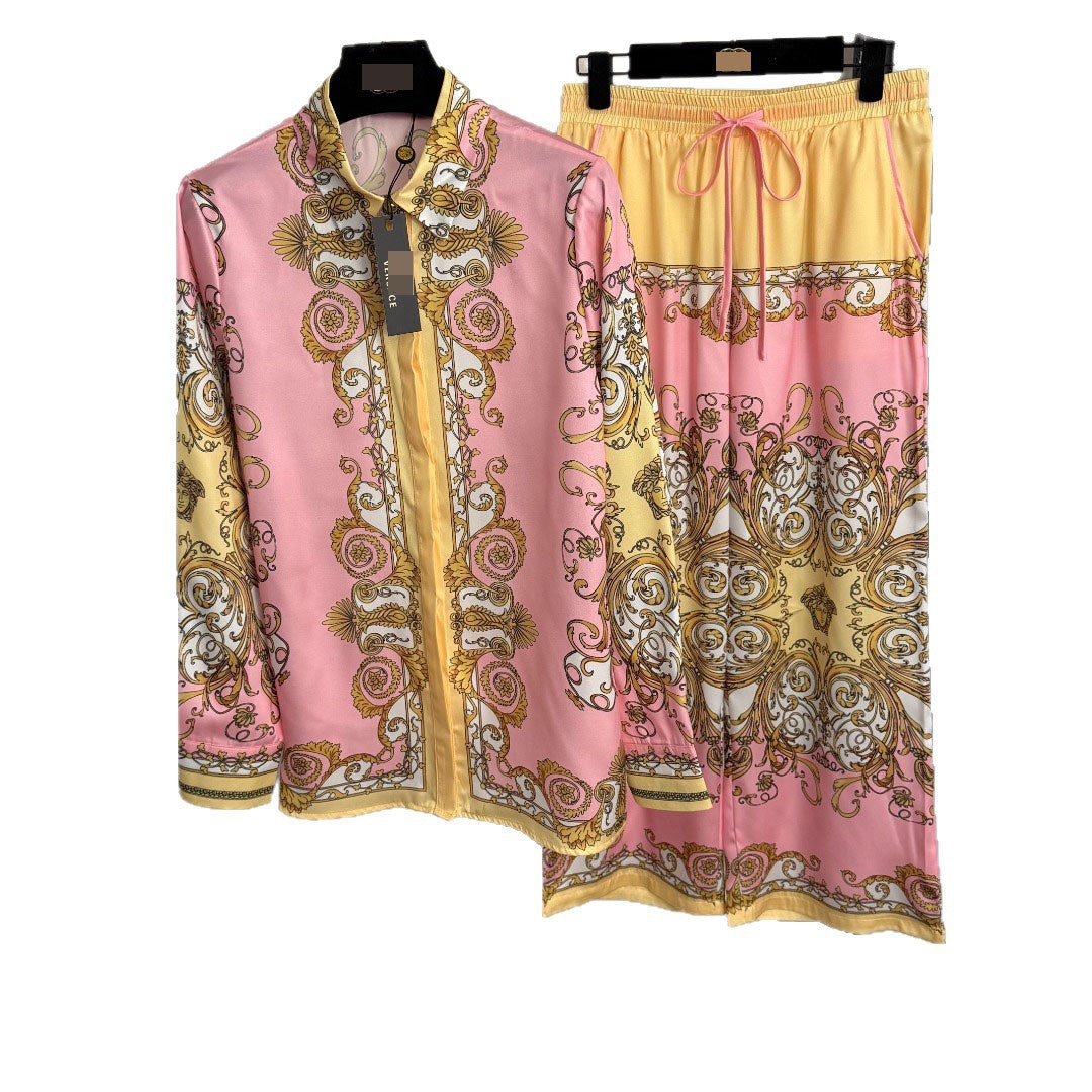 Women's Retro Print Shirt and High-Waisted Pants