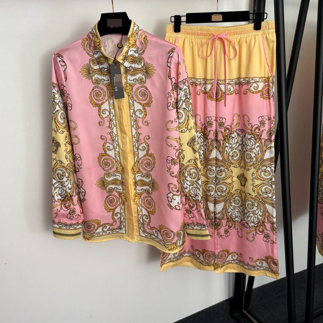 Women's Retro Print Shirt and High-Waisted Pants