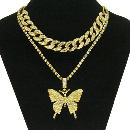 Women's Rhinestone Butterfly Cuban Chain Necklace