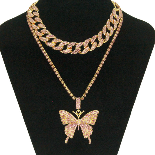 Women's Rhinestone Butterfly Cuban Chain Necklace