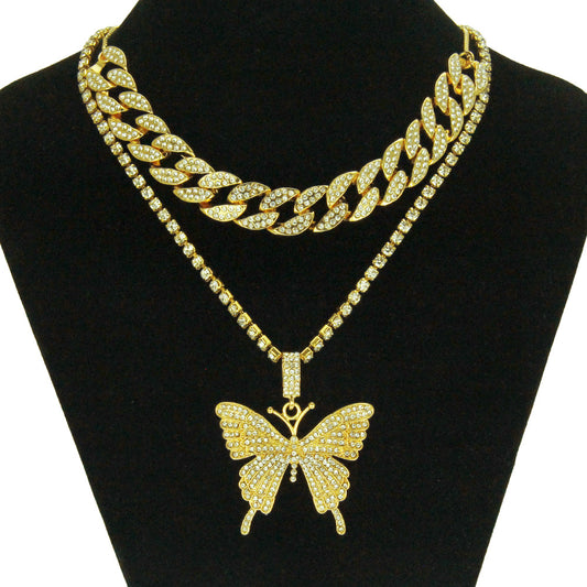 Women's Rhinestone Butterfly Cuban Chain Necklace