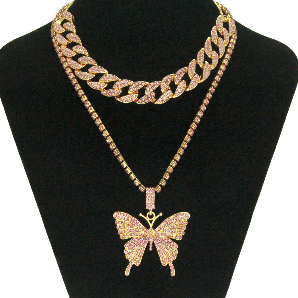 Women's Rhinestone Butterfly Cuban Chain Necklace