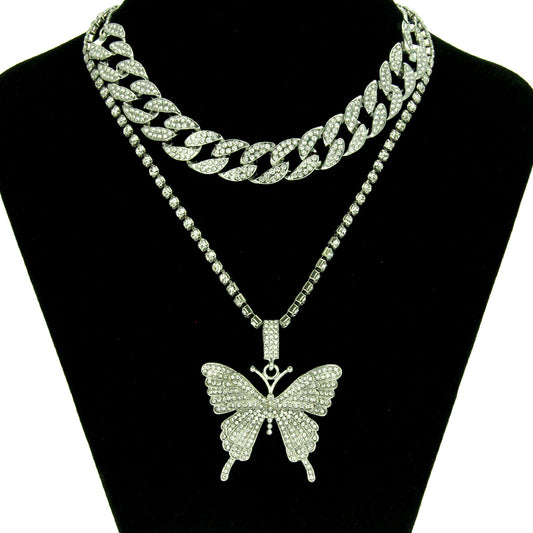Women's Rhinestone Butterfly Cuban Chain Necklace