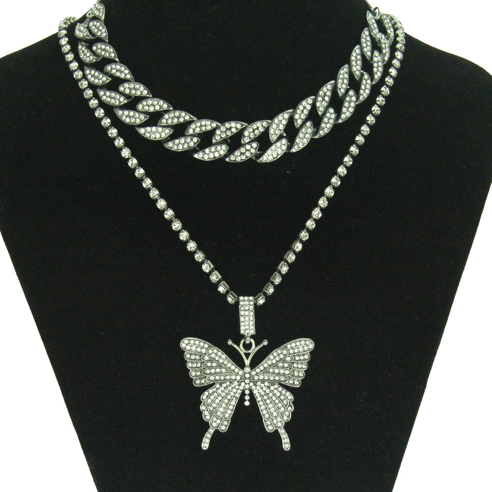Women's Rhinestone Butterfly Cuban Chain Necklace