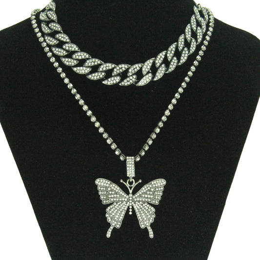 Women's Rhinestone Butterfly Cuban Chain Necklace