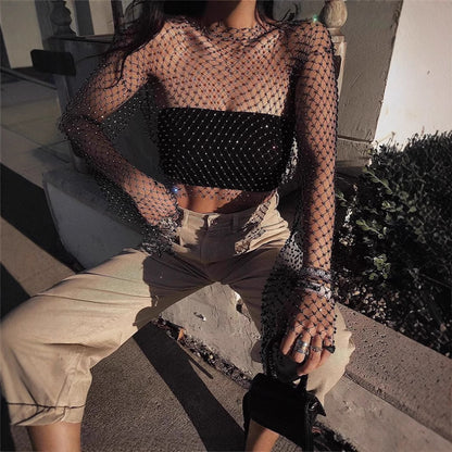 Women's Rhinestone Mesh Long-Sleeve T-Shirt