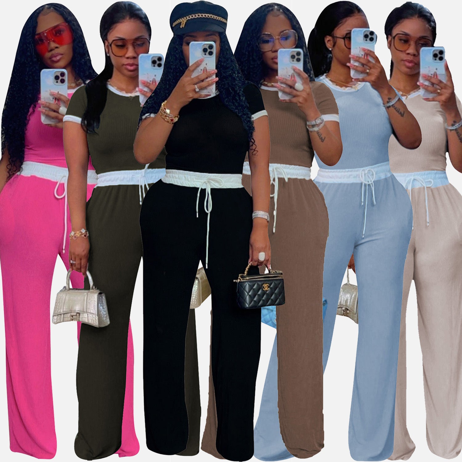 Women's Ribbed Contrast Color Crewneck Short-Sleeved Pants Set