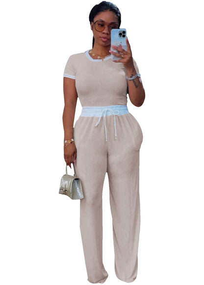 Women's Ribbed Contrast Color Crewneck Short-Sleeved Pants Set