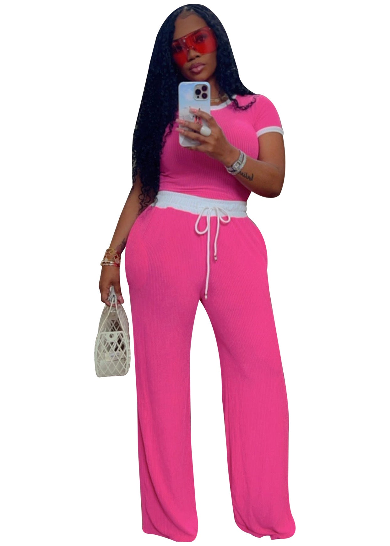 Women's Ribbed Contrast Color Crewneck Short-Sleeved Pants Set