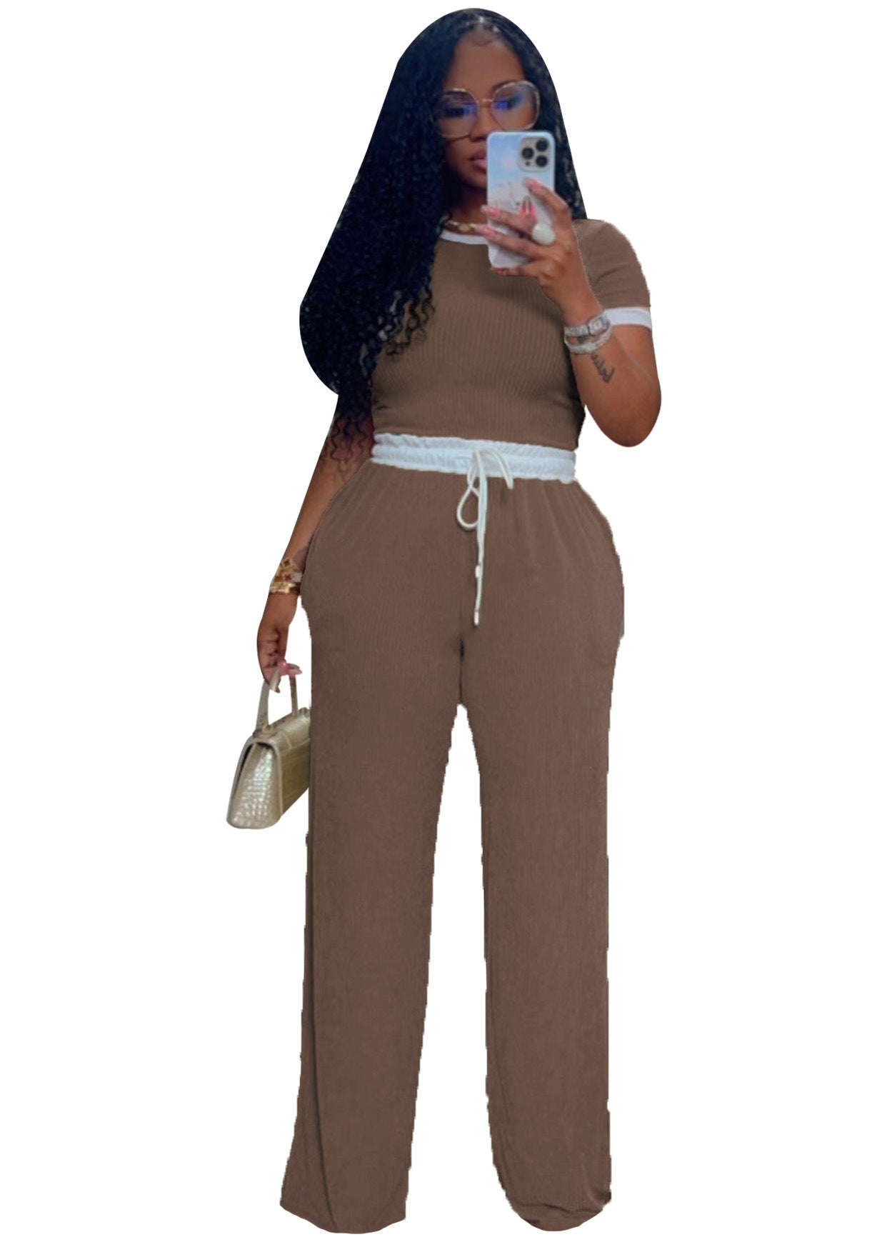 Women's Ribbed Contrast Color Crewneck Short-Sleeved Pants Set