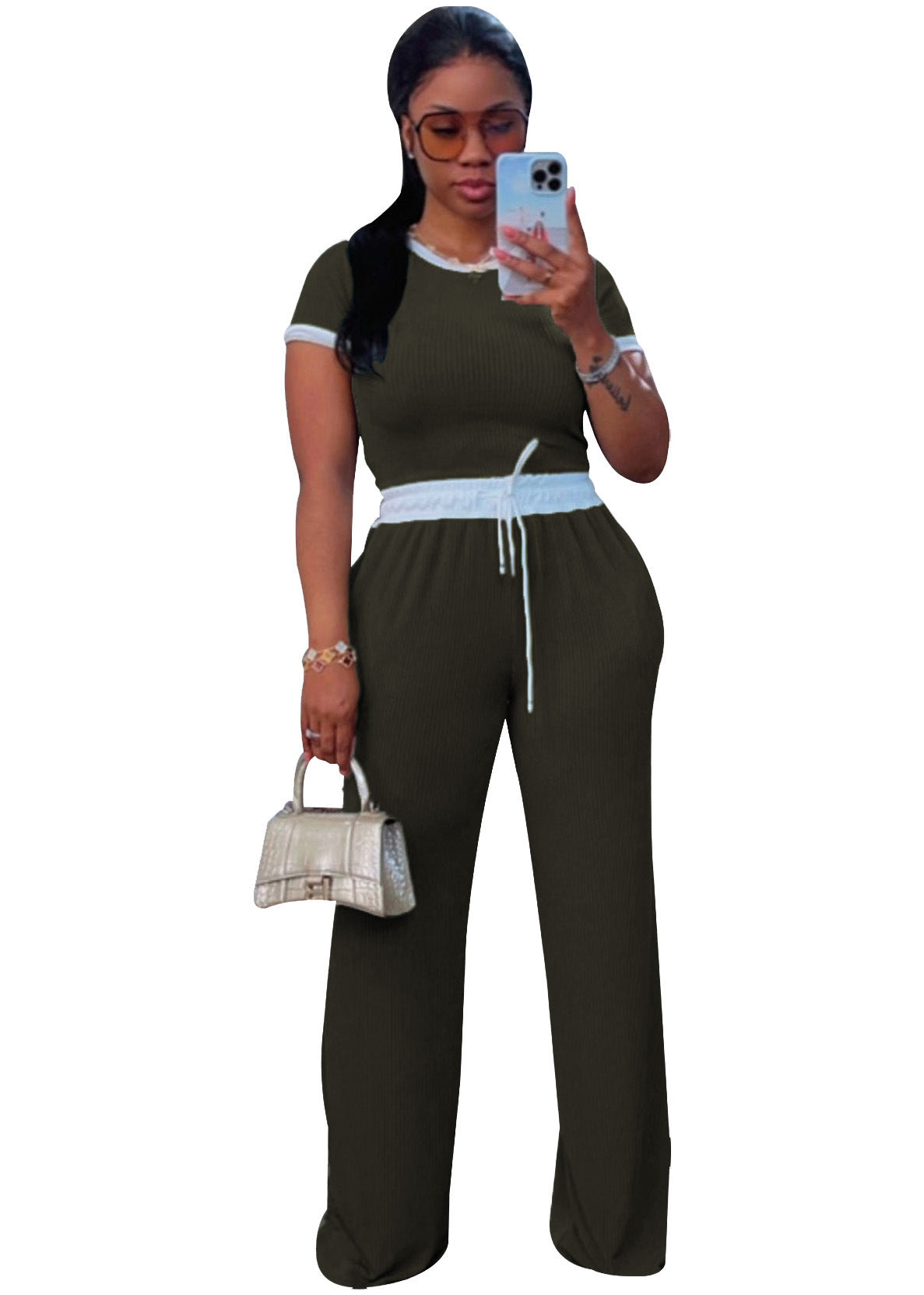Women's Ribbed Contrast Color Crewneck Short-Sleeved Pants Set
