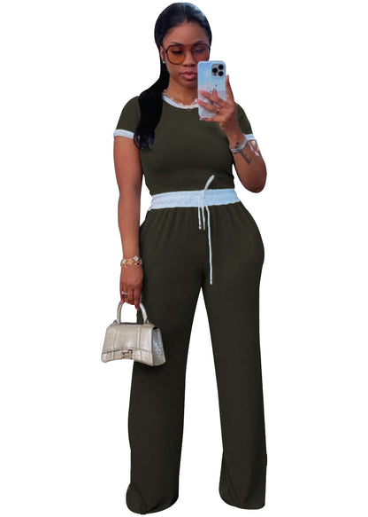 Women's Ribbed Contrast Color Crewneck Short-Sleeved Pants Set