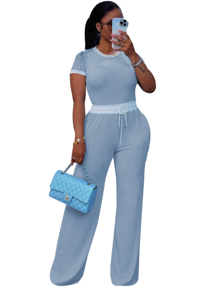 Women's Ribbed Contrast Color Crewneck Short-Sleeved Pants Set