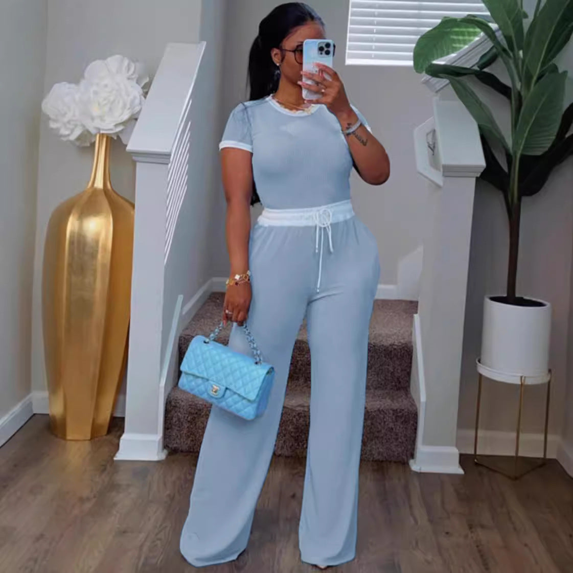 Women's Ribbed Contrast Color Crewneck Short-Sleeved Pants Set