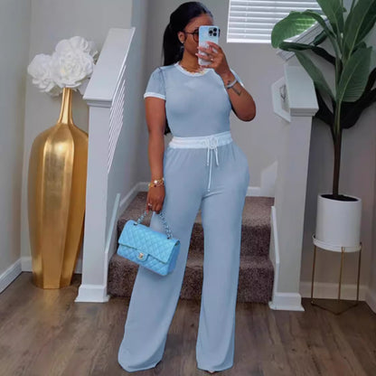 Women's Ribbed Contrast Color Crewneck Short-Sleeved Pants Set