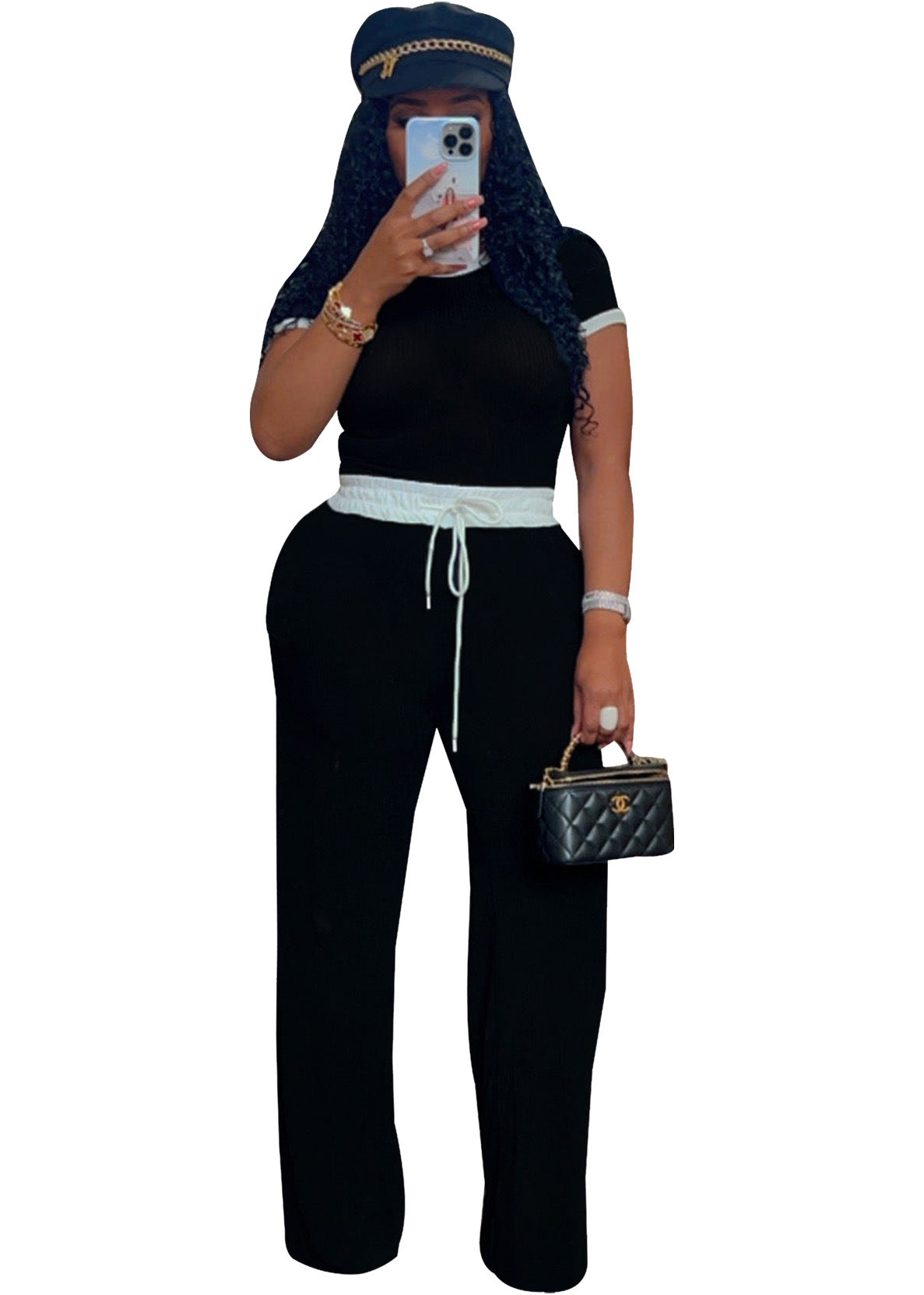 Women's Ribbed Contrast Color Crewneck Short-Sleeved Pants Set