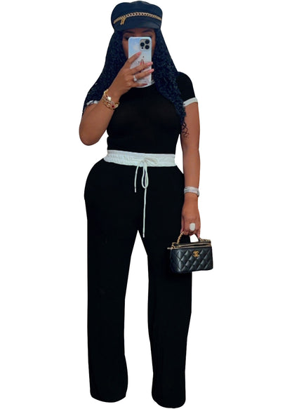 Women's Ribbed Contrast Color Crewneck Short-Sleeved Pants Set