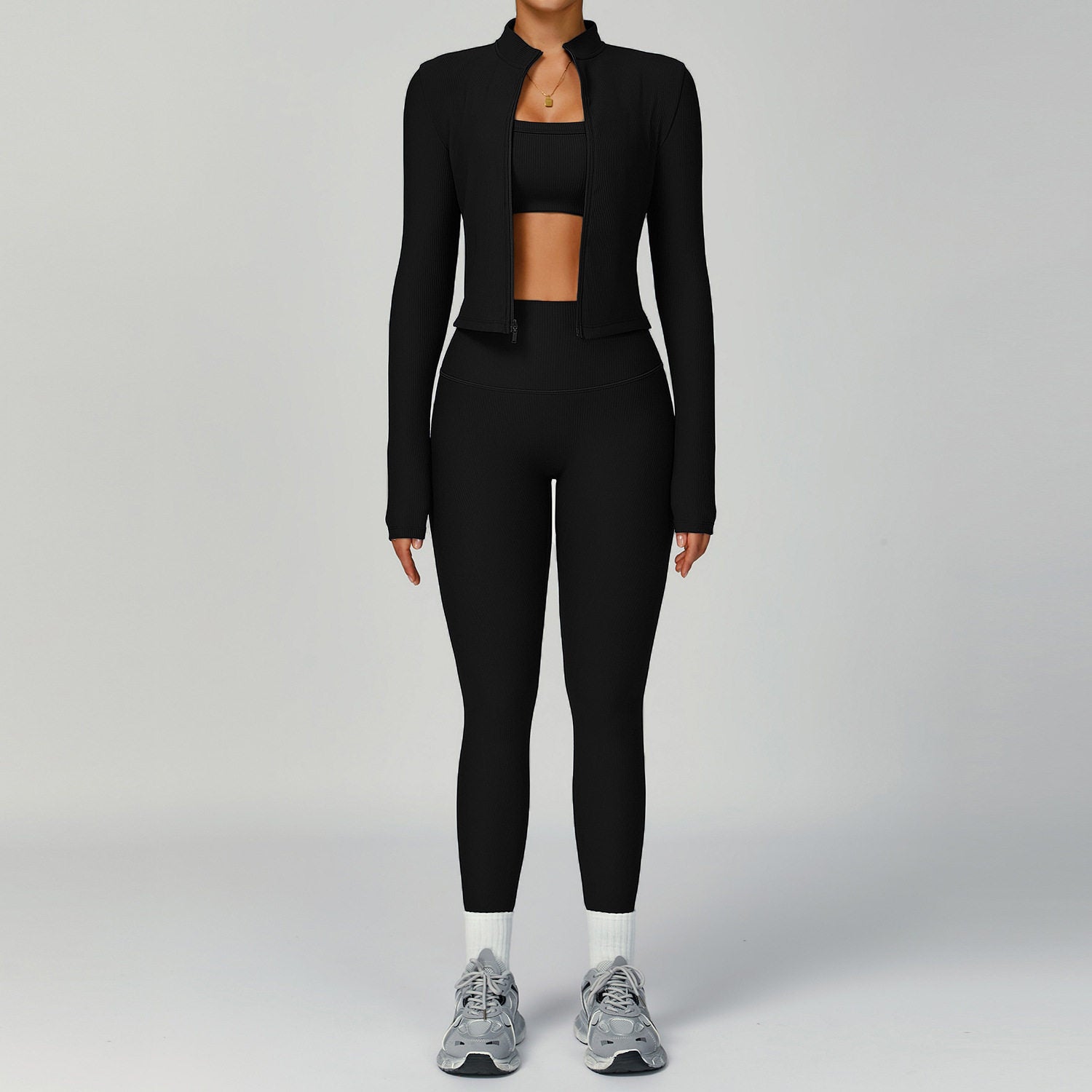 Women's Ribbed Yoga Outfit Set High-Waisted Quick-Dry