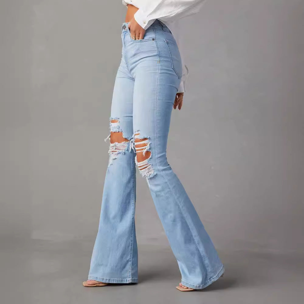 Women's Ripped High Waist Elegant Cowboy Wide Leg Trousers