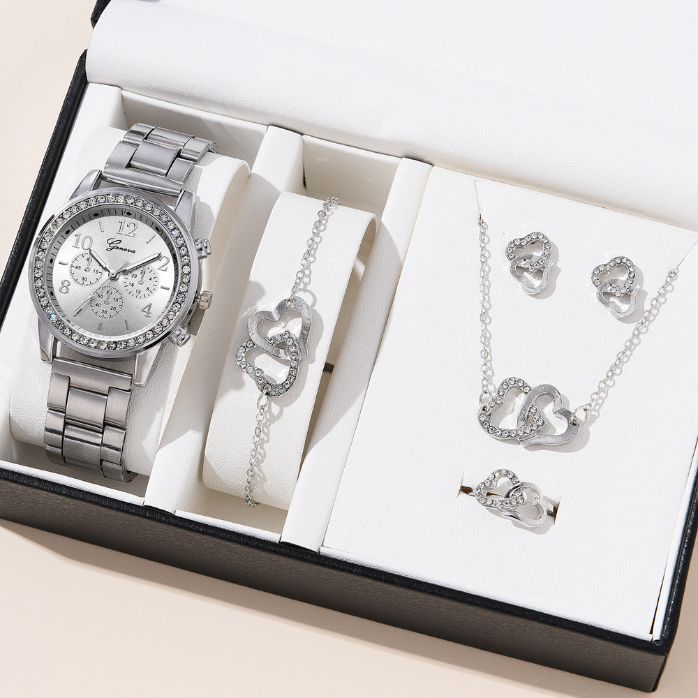 Women's Rose Gold Quartz Watch Set with Necklace Bracelet Ring