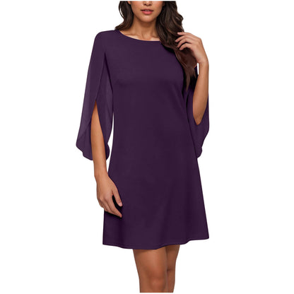 Women's Round Neck Chiffon Splicing Cape Sleeve Dress