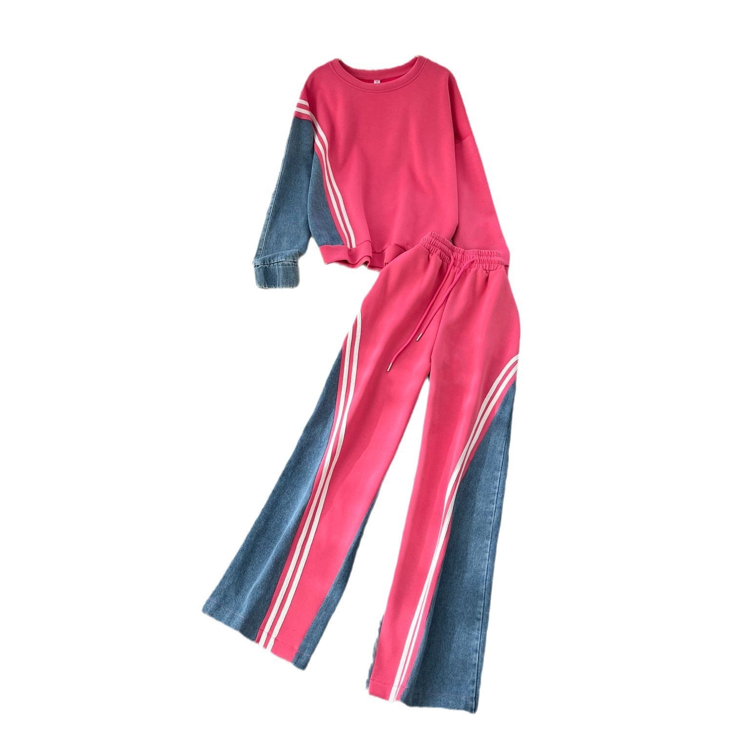 Women's round-neck hoodie and high-waisted denim patchwork trousers