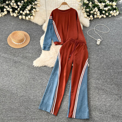 Women's round-neck hoodie and high-waisted denim patchwork trousers