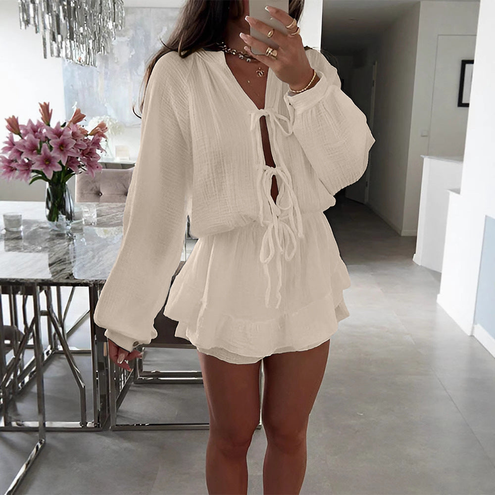 Women's round-neck lantern-sleeved dress