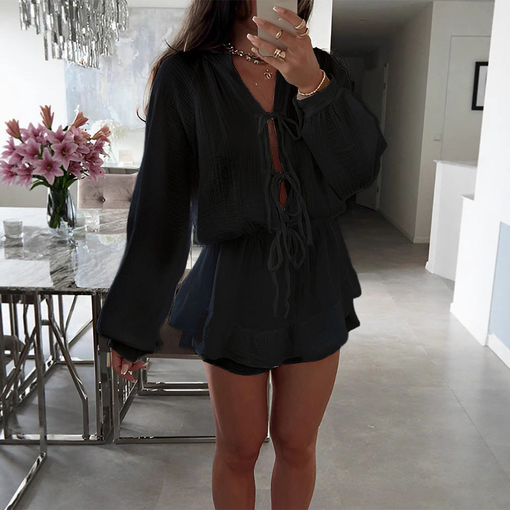 Women's round-neck lantern-sleeved dress