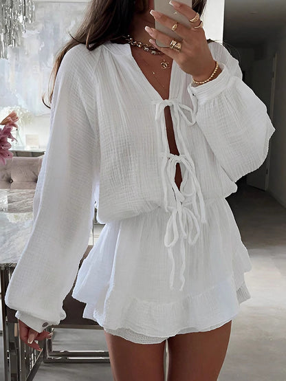 Women's round-neck lantern-sleeved dress