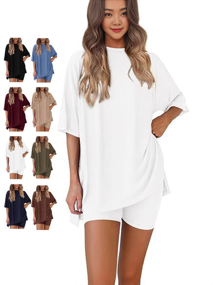 Women's Round Neck Short Sleeve T-Shirt and High Waist Shorts Set