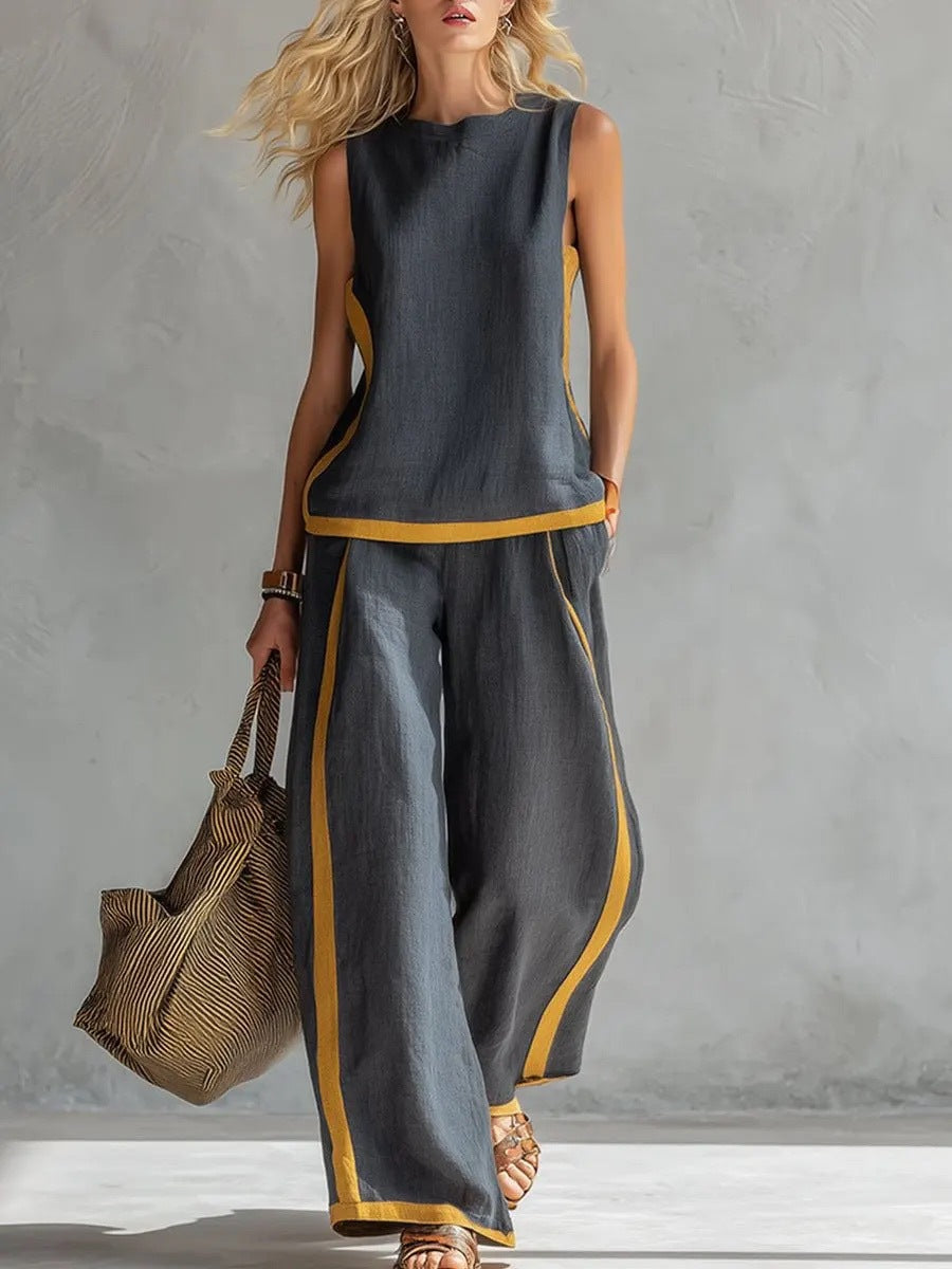 Women's Round Neck Sleeveless Vest Top High Waisted Wide Leg Pants Set