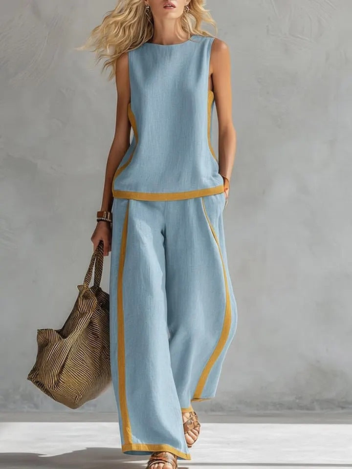 Women's Round Neck Sleeveless Vest Top High Waisted Wide Leg Pants Set