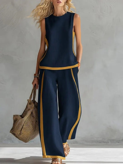 Women's Round Neck Sleeveless Vest Top High Waisted Wide Leg Pants Set