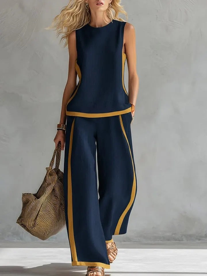 Women's Round Neck Sleeveless Vest Top High Waisted Wide Leg Pants Set