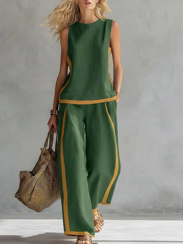 Women's Round Neck Sleeveless Vest Top High Waisted Wide Leg Pants Set