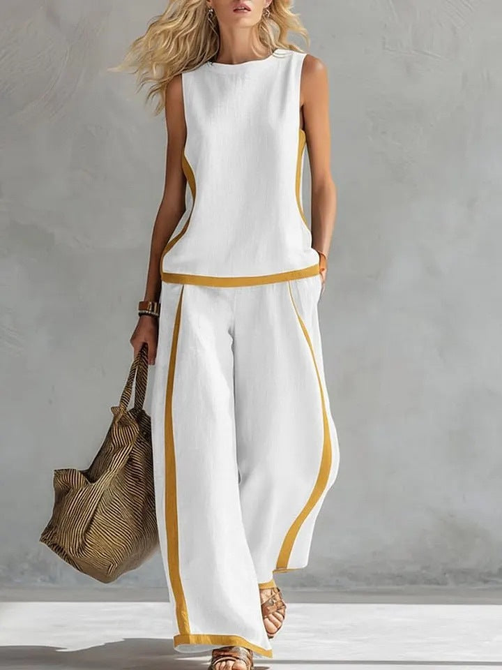 Women's Round Neck Sleeveless Vest Top High Waisted Wide Leg Pants Set