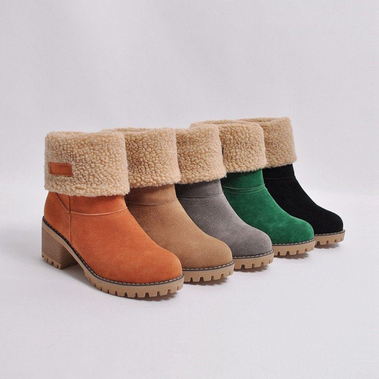 Women's round-toed cotton boots with thick heels