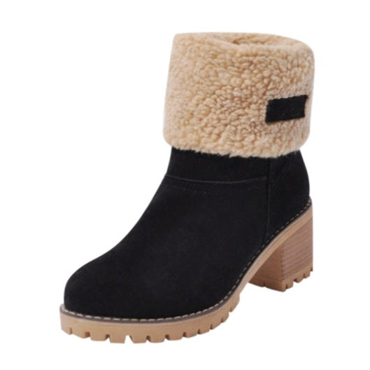 Women's round-toed cotton boots with thick heels