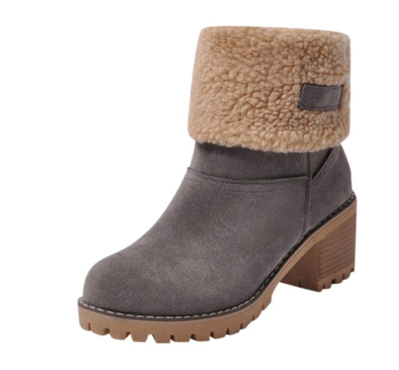 Women's round-toed cotton boots with thick heels