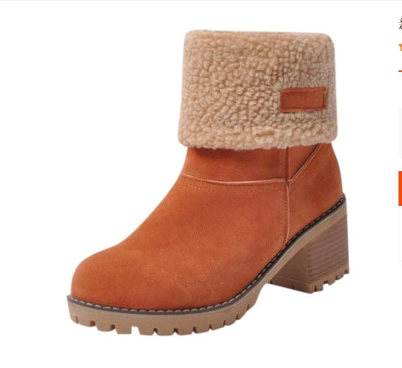 Women's round-toed cotton boots with thick heels
