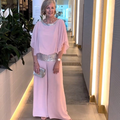 Women's Sequin Bat Sleeve Shirt and Wide Leg Pants Set