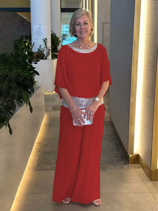 Women's Sequin Bat Sleeve Shirt and Wide Leg Pants Set
