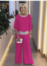 Women's Sequin Bat Sleeve Shirt and Wide Leg Pants Set