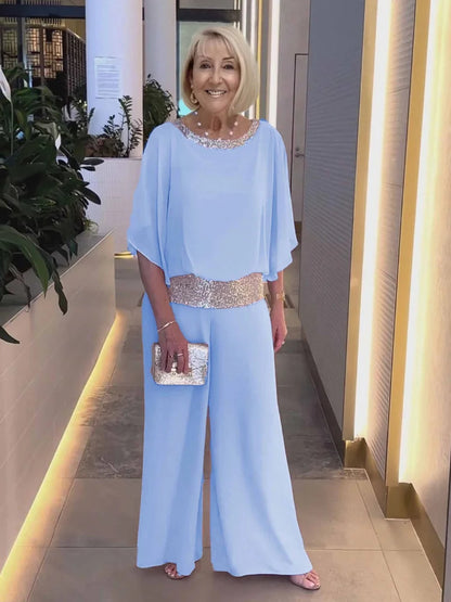 Women's Sequin Bat Sleeve Shirt and Wide Leg Pants Set