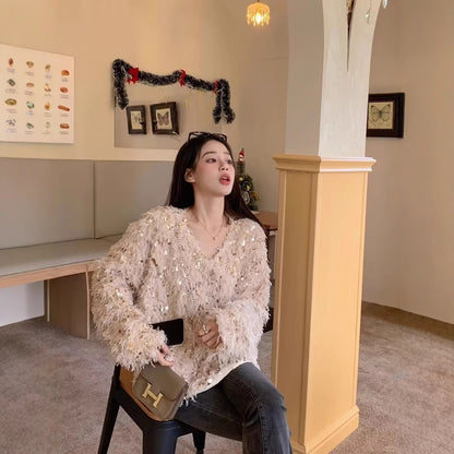 Women's Sequined V-Neck Sweater