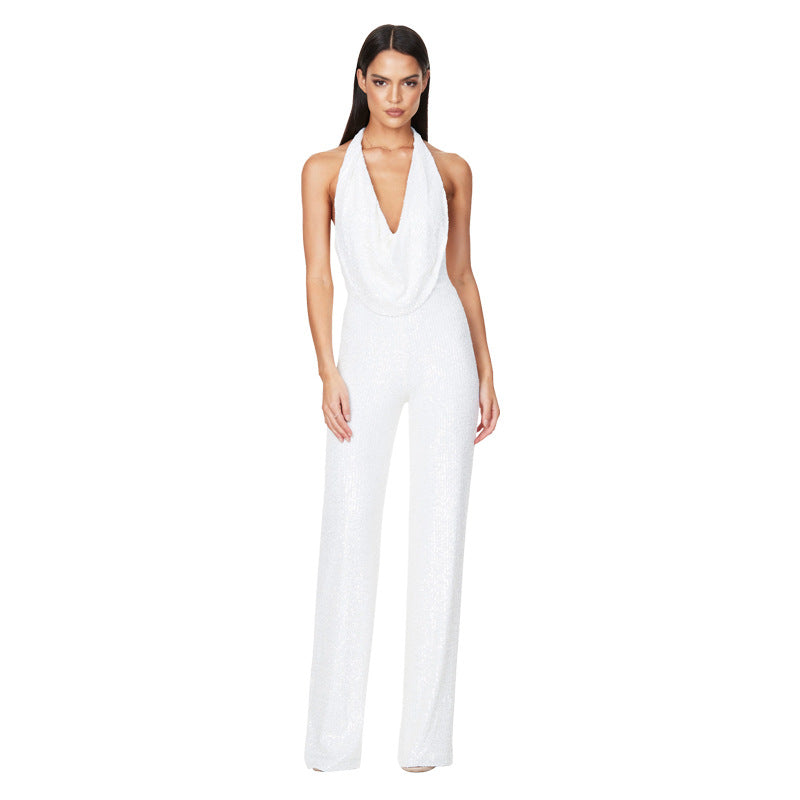 Women's Sexy Backless Halter Neck Sequin Jumpsuit