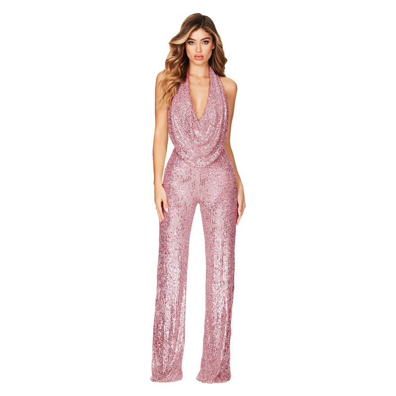 Women's Sexy Backless Halter Neck Sequin Jumpsuit