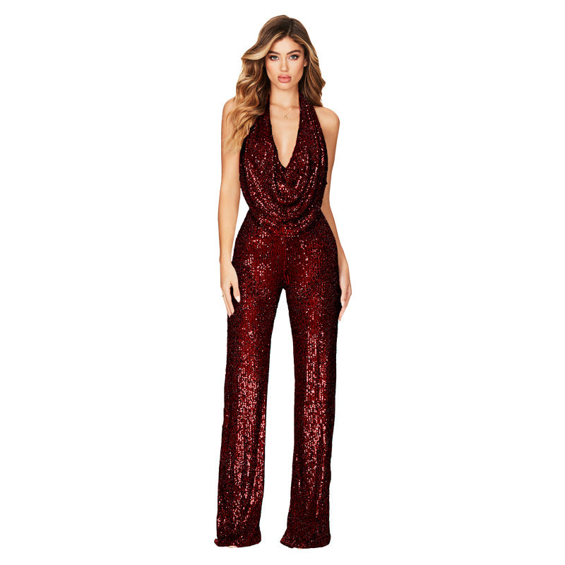 Women's Sexy Backless Halter Neck Sequin Jumpsuit